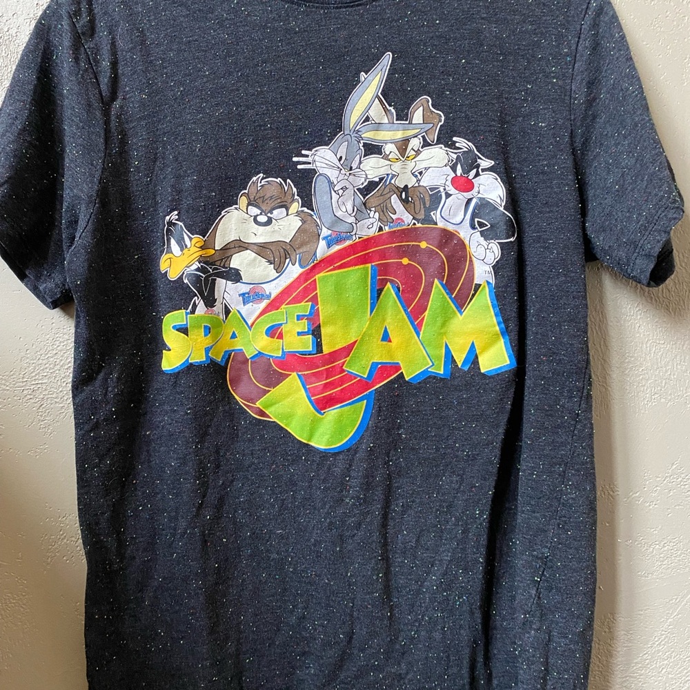 Vintage 90s Space Jam Graphic T Shirt Colorful Confetti Black Fabric Size M